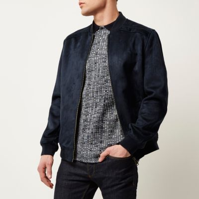 Navy faux-suede bomber jacket
